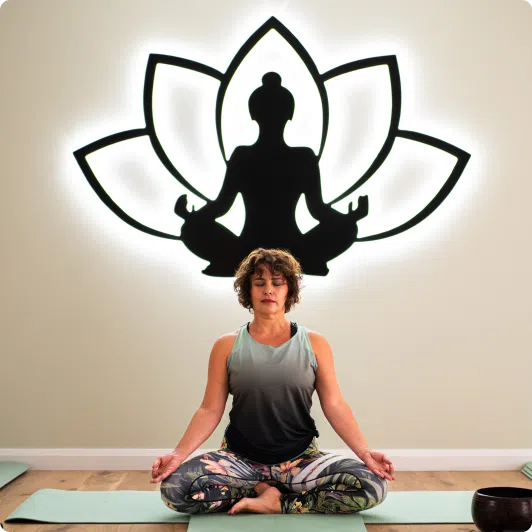 Yoga instructor meditating in a serene studio with a lotus wall decoration.